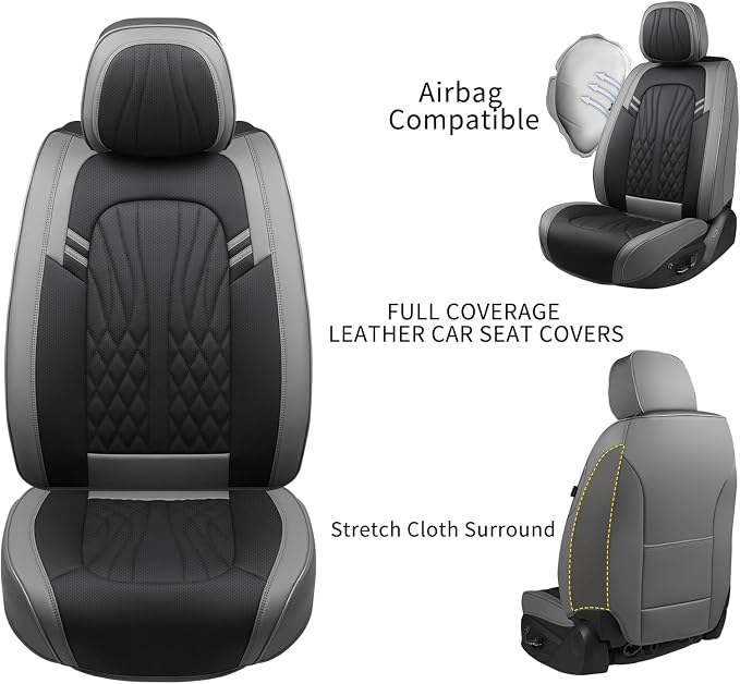 MINGBRON Leather Car Seat Covers,Breathable and Waterproof Faux Leather Automotive Seat Covers for Cars SUV Truck Sedan,Universal Driver Seat Cover Grey&Black - Image 6