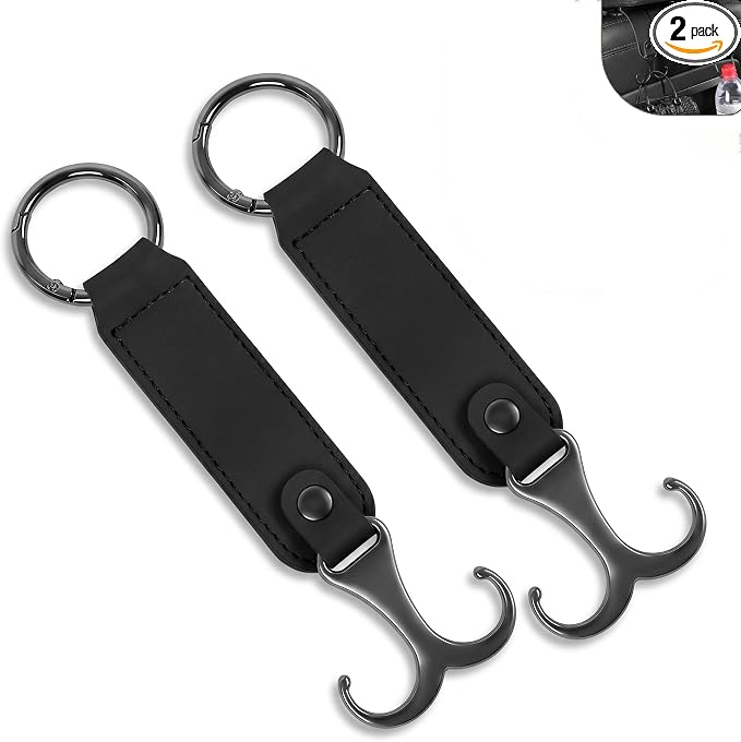 Car Headrest Hooks, Leather Seat Back Organizer with Ring Buckle, Wear Resistant Hanging Interior Storage Accessories, Universal for Most Cars SUVs Trucks (Black) by Unknown
