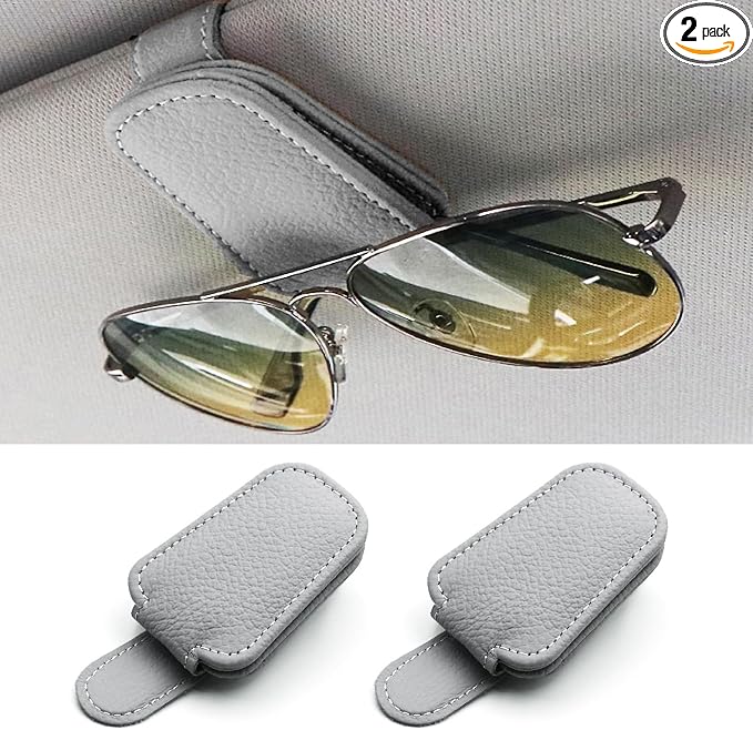 Sunglass Holder for Car, Magnetic Leather Sunglasses Clip for Car Visor, Eyeglass Hanger Clip for Car Sun Visor (Silver Grey 2 Pack) by Yecitona