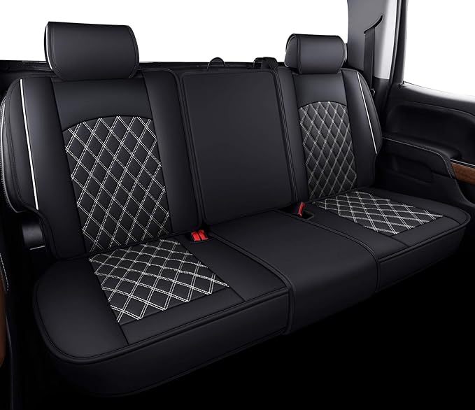 Chevy Silverado GMC Sierra Rear Seat Covers 2007-2026 1500 2500HD | 3500 HD Custom Fit Back Cushions Truck Pickup Crew Double Extended Cab Waterproof Leather Split Bench 40/60 Black-White by Aierxuan