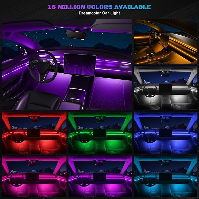 RGB Acrylic Interior Car LED Strip Light with Wireless APP, 10 in 1 with 175 inches 593 LEDs Neon LED Strip Light, 16 Million Colors Dynamic Music Sync Car Ambient Lighting Kits - Image 2
