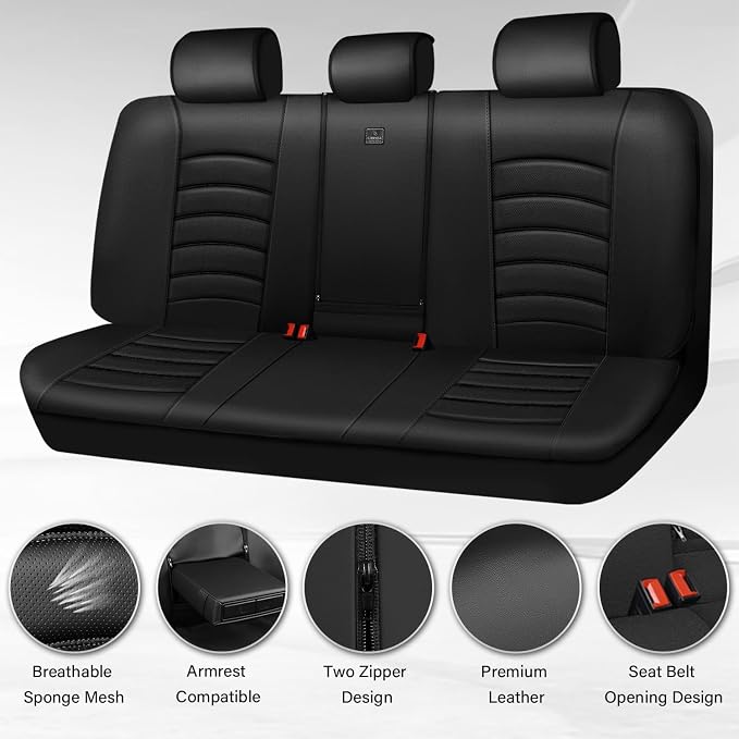 CAR PASS Leather Back Seat Cover, Universal Waterproof Bench Rear Seat Cover Zipper Split Rear Bench Protector Fit 95% Automotive Interior Covers for Cars Sedans SUVs (Rear,All Black) - Image 4