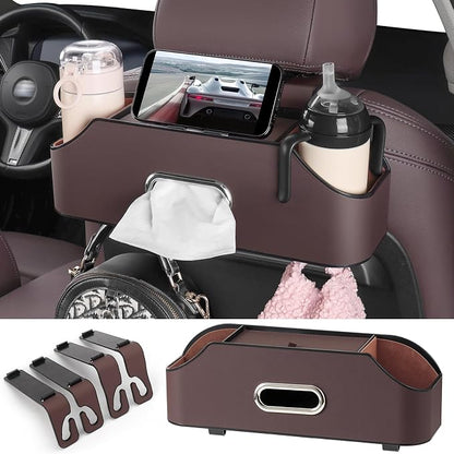 Car Seat Back Cup Holder, 4-in-1 Multifunctional Backseat Organizer with Tissue Box Storage & Hooks (Brown) by Sancaral