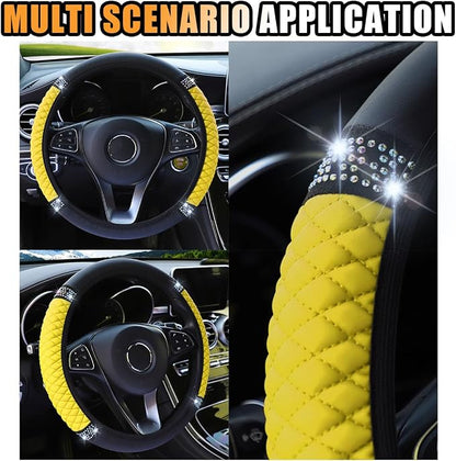 JOYCOURT 15 Inch Bling Soft Leather Car Steering Wheel Cover, Yellow | Colorful Rhinestones Design, Auto Elastic Protector for Women Girls, Crystal Diamond Car Accessories for Most Cars, SUVs - Image 6