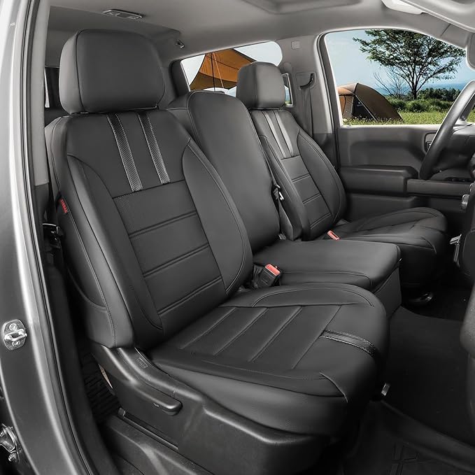Leather Seat Covers Full Set for Chevy Silverado 1500 (2019-2026) & 2500HD/3500HD (2020-2026)-DoubleCab Pickup,w/No Rear Cup Holder,Fully Covered,Waterproof Car Seat Protector(Black &Carbon Fiber) by Coverdream