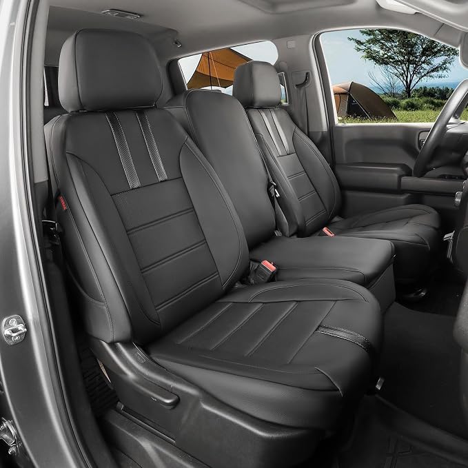 Custom Fit Seat Covers Full Set for Silverado/Sierra 1500(2019-2026) & 2500HD/3500HD(2020-2026)-CrewCab,Rear w/Seat Storage,Fully Covered,Waterproof Leather Truck Seat Protector(Black & Carbon Fiber) by Coverdream
