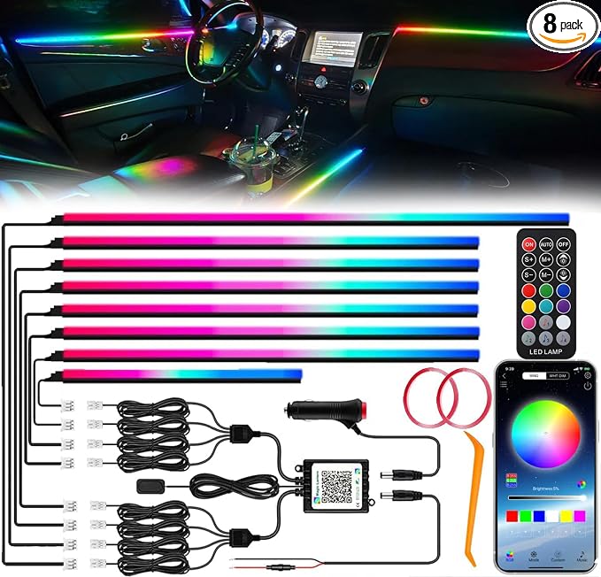 Interior Car LED Strip Lights, 8-in-1 Acrylic RGB Ambient Lighting Kit | Dynamic Dreamcolor Chasing, Music Sync, Wireless APP & RF Remote Control for Car Interior Ambient Lighting by EJsSUPERCAR
