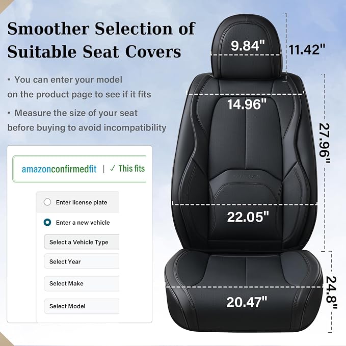 Coverado Car Seat Covers Full Set, Premium Nappa Leather Seat Covers for Car, Waterproof Car Seat Protector with Lumbar Support, Automotive Seat Covers Universal Fit for Most Cars SUV Truck(Black) - Image 6