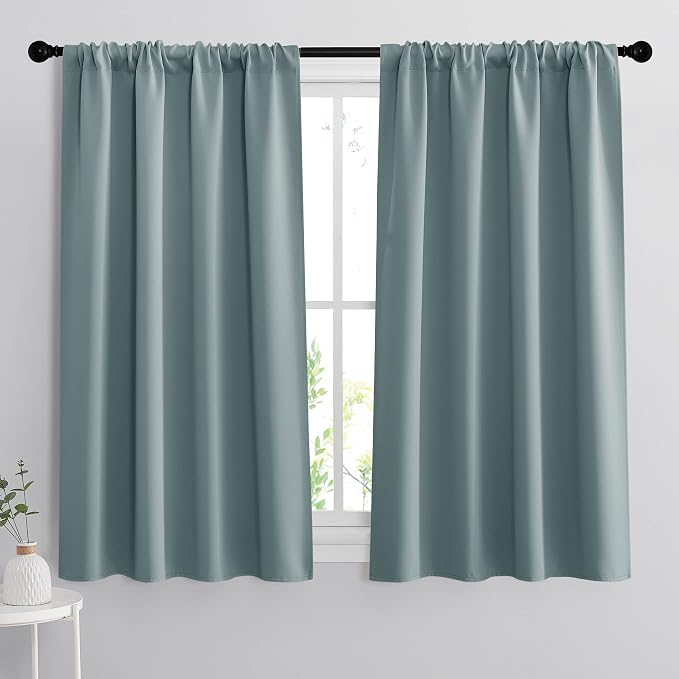 RYB HOME Small Window Curtains 45 inches Length for Kitchen Cafe Bathroom | Room Darkening Curtains & Drapes, Energy Saving, Thermal Insulated, For Kids Bedroom, W42 x L45, Dusty Blue, 2 Panels by RYBHOME