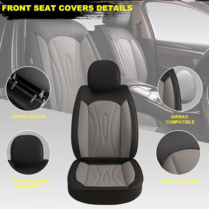 Front Seat Covers for Subaru Ascent 2019-2026 2027 Faux Leather | Waterproof Breathable Scratch Resistant 360° Wrap Airbag Compatible Easy Clean（2 Seats,Black & Grey) - Image 2
