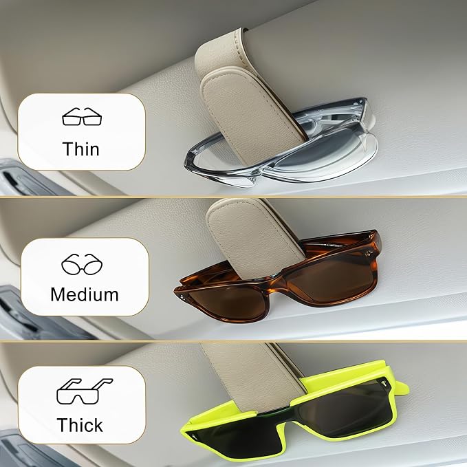 EldHus Sunglass Holder for Car Visor - 2 Pack Magnetic Car Glasses Holder Clip, Leather Eyeglass Holder for Car, Universal Vehicle Sunglasses Hanger Eyeglasses Mount, Beige - Image 3