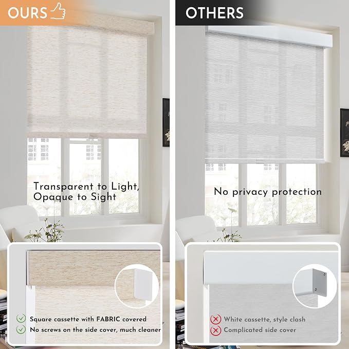 Persilux Light Filtering Roller Shades for Windows Blinds,Cordless,Linen Fabric,Thermal Insulated Fabric UV Protection Shades for Home,Office,Bedroom,Door,Light Filtering-Cream,22" W X 64" H - Image 4