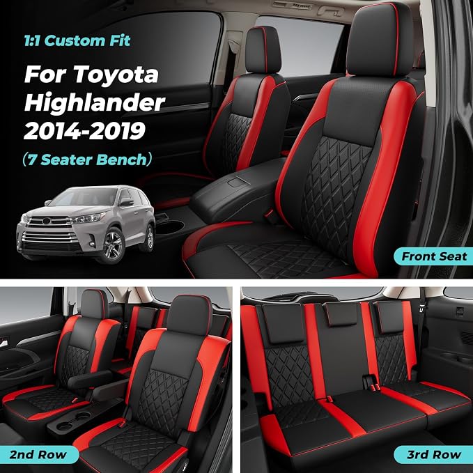 Custom Seat Covers for Toyota Highlander 2014-2019 7Seats BlackRed | faux leather, 2nd row captain chairs, waterproof, breathable, airbag compatible, stain resistant, easy install, durable - Image 5