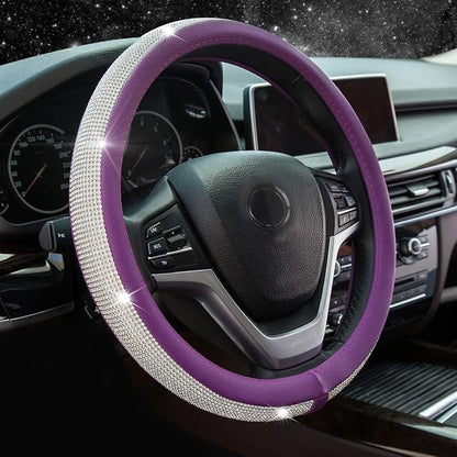 New Diamond Leather Steering Wheel Cover with Bling Crystal Rhinestones | Universal Fit 15 Inch Car Wheel Protector for Women Girls Purple - Image 4