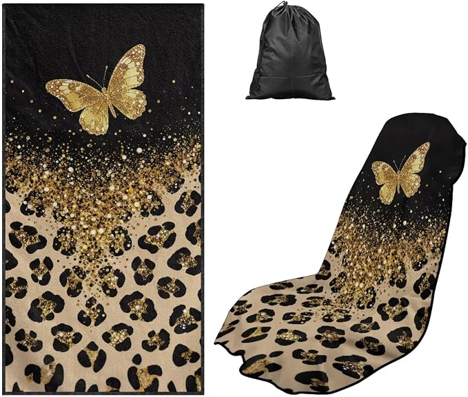 Butterfly Leopard Print Car Seat Cover Towel After Gym Sweat Auto Seat Cover Protector with Storage Bag Gold Butterfly Car Interior Seat Protector Driver Seat Cushion Cover Yoga Mat Towel by YMPUDXFI