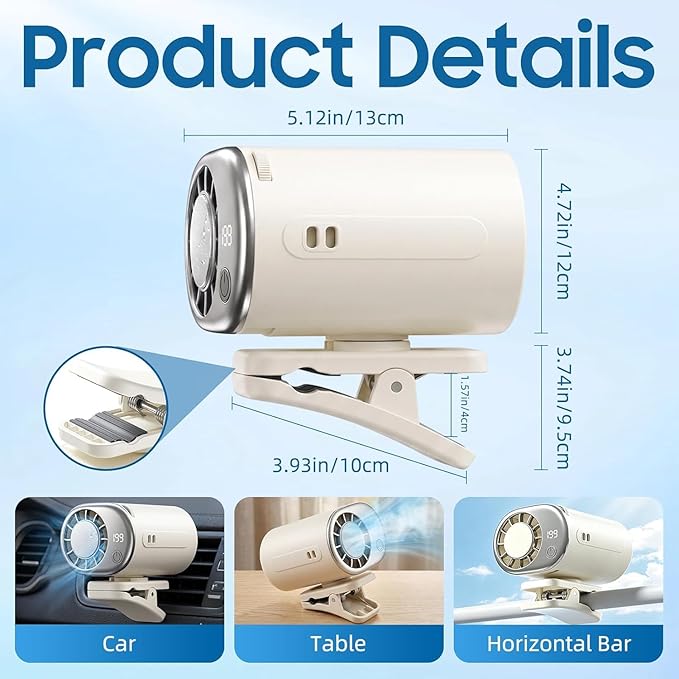 Car Clip on Air Conditioner Fan with Led Display,Portable Mini Cooling System Fans for Car,360°Rotation & 3-Speeds Bladeless Clip on Fan,USB Rechargeable Personal Fan for Cars,Work,Camping (White) - Image 2