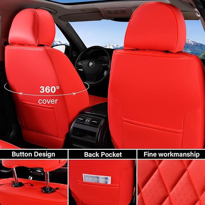 Coverado Car Seat Covers Full Set, 5 Seat Universal Seat Cover for Cars, Luxury Faux Leather Waterproof Seat Cover, Front and Back Car Seat Protector, Auto Seat Covers Fit for Most Vehicles, Red - Image 3