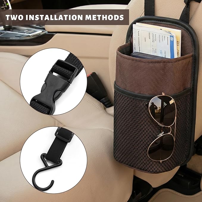 2 in 1 Large Car Cup Holder, 80 oz Multi-Function Auto Water Bottle Storage Bag with Mesh Pocket, Universal Hanging Seat Side Organizer Cup Holders for Car SUV Truck (Brown) - Image 5