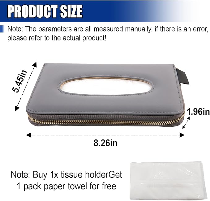Car Tissue Holder, Leather Car Sun Visor Napkin Box with Tissue Refill, Auto Backseat Paper Carton Mask Dispenser with Zipper, Universal Hanging Vehicle Towel Clip for RV, SUV, Truck (Grey) - Image 2