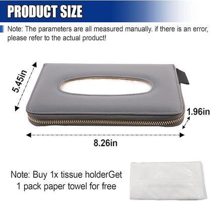Car Tissue Holder, Leather Car Sun Visor Napkin Box with Tissue Refill, Auto Backseat Paper Carton Mask Dispenser with Zipper, Universal Hanging Vehicle Towel Clip for RV, SUV, Truck (Grey) - Image 2
