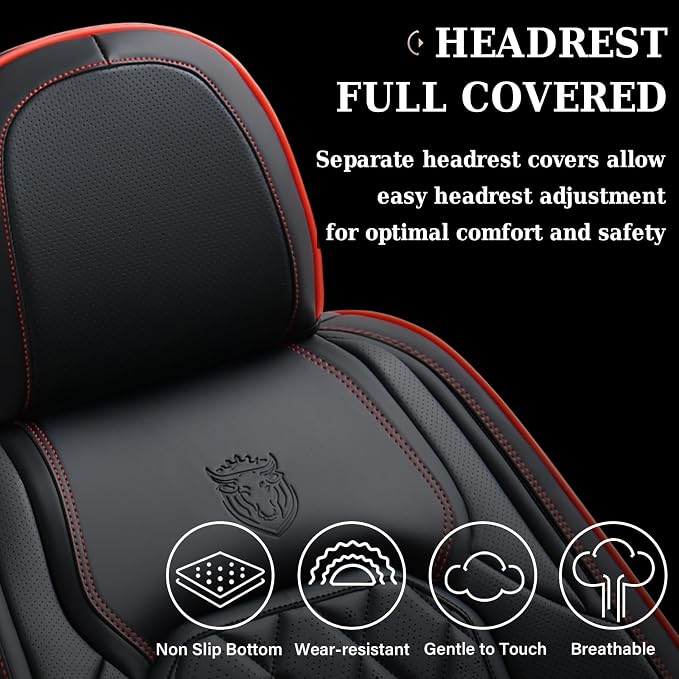Coverado Seat Covers, Car Seat Cover Front Seats, 2-Pack Luxury Faux Leather Car Seat Covers, Waterproof Car Seat Protector, Black Seat Cover Front Seat Cover Universal Fit for Most Cars, Black&Red - Image 6