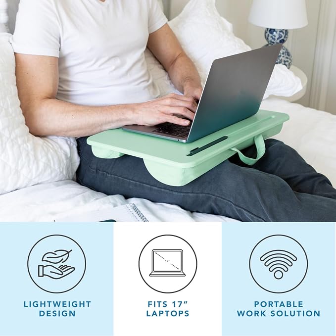 LAPGEAR The Original Lap Desk – Sage Green, Fits 17" Laptops | Microbead Cushion, Device Ledge, Built-In Pencil Tray, Carry Handle - Image 2
