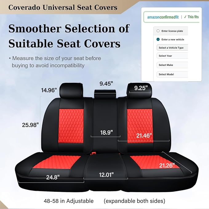 Coverado Leather Rear Seat Covers for Cars, Waterproof Back Seat Cover, Universal Automotive Seat Cushion Protector for Most Cars Trucks SUV (Black & Red Line) - Image 4