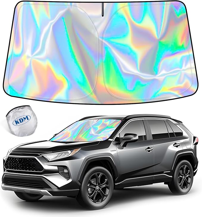KDM Laser Silver Style Windshield Sun Shade Fit for Toyo-ta Rav4 2019-2025 | 2020 2021 2022 2023 2024 Rav4,Foldable Front Reflective Windows Sunshade Visor Protector Blocks UV Rays Heat by KDM