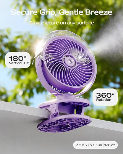 SWEETFULL Portable Misting Clip On Fan, USB-C Rechargeable Mini Personal Cooling Fan with 4 Speeds, 360° Rotatable, Quiet Cooling for Outdoor, Camping, Golf Cart, Travel, Stroller & Desk (Purple) - Image 6
