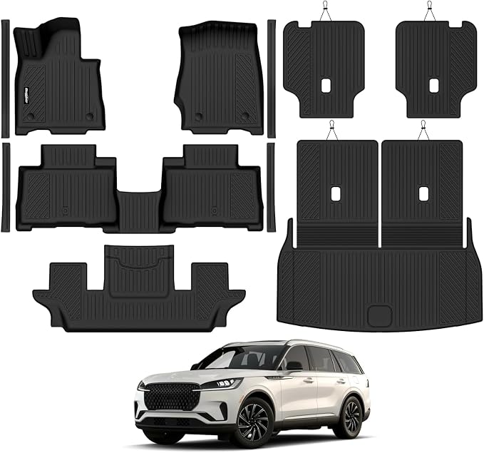 Floor Mats for 2020-2026 Lincoln Aviator 6 Seats(with Cupholder) | Trunk Mat and 2nd/3rd Backrest Mat & Door Sill Guard All Weather TPE Protector Odorless Interior Accessories Floor Liners by Bingoliner