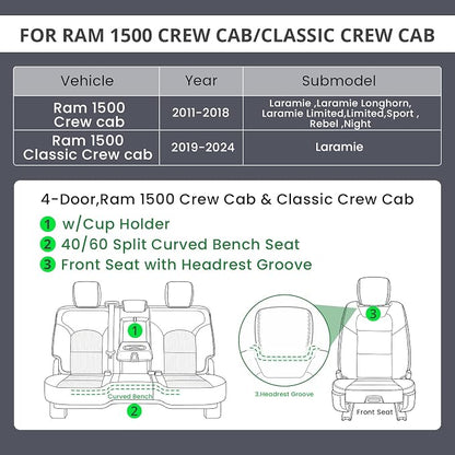 EKR Ram 1500 Seat Covers Custom Fit for RAM 1500 (Crew Cab) Laramie/Sport/Rebel 2011-2018,Waterproof Leather Black Car Seat Cover for Trucks Full Set-Faux Leather(Black) - Image 2
