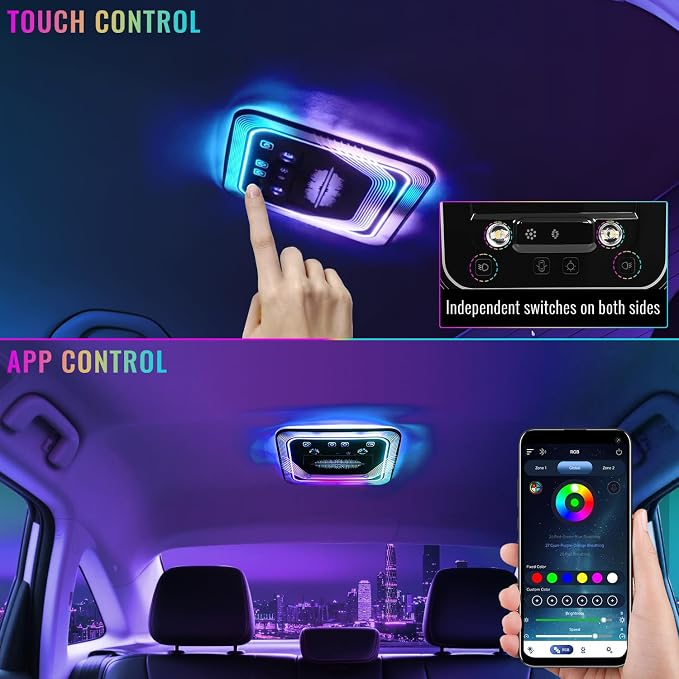 Universal Car Rear Dome Light Replacement,Adjustable LED Ceiling Lamps Assembly w/Touch Screen,Car RV Interior Lighting w/Door Trigger Switch,Over-Head Roof Ambient Light,RGB (Ripple Style) - Image 6