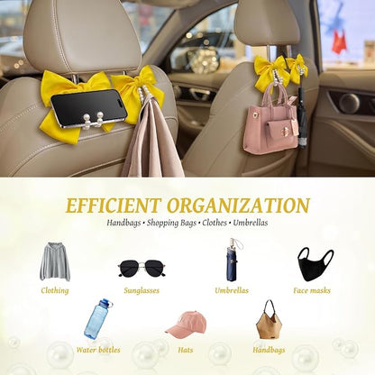 2 PCS Bow Pearl Car Seat Headrest Hook – Cute Purse Hook for Car, Girly Interior Decoration Accessories Hook Hanger, Seatback Holder for Purses & Bags, Elegant Car Organizer (Sunshine Yellow) - Image 5