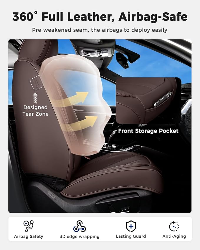 Huidasource Coffee Seat Covers Luxury Nappa Leather, Car Seat Cover with Velcro Adjustable, Airbag, Lumbar Support, Cooling and Heating, SUV Seat Covers Universal Fit for Most Cars SUV Trucks, Coffee - Image 4
