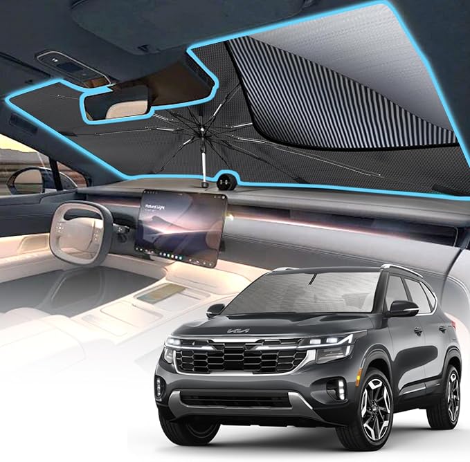 [2025 Upgrade] Windshield Sun Shade Umbrella, Foldable Car Sun Shade with Vinyl Coating Heat Shield UV Ray Reflector Keeps Cool and Protect Interior, for Auto Trucks Sedan SUV (61" x 31") by Unknown
