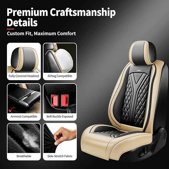 for Subaru Forester 2009-2026 Car Seat Covers, Full Set, Beige | Luxury Full Coverage Leather Seat Protectors, Waterproof Breathable, Non-Slip, Easy to Install, Airbag Compatible, All-Season - Image 7