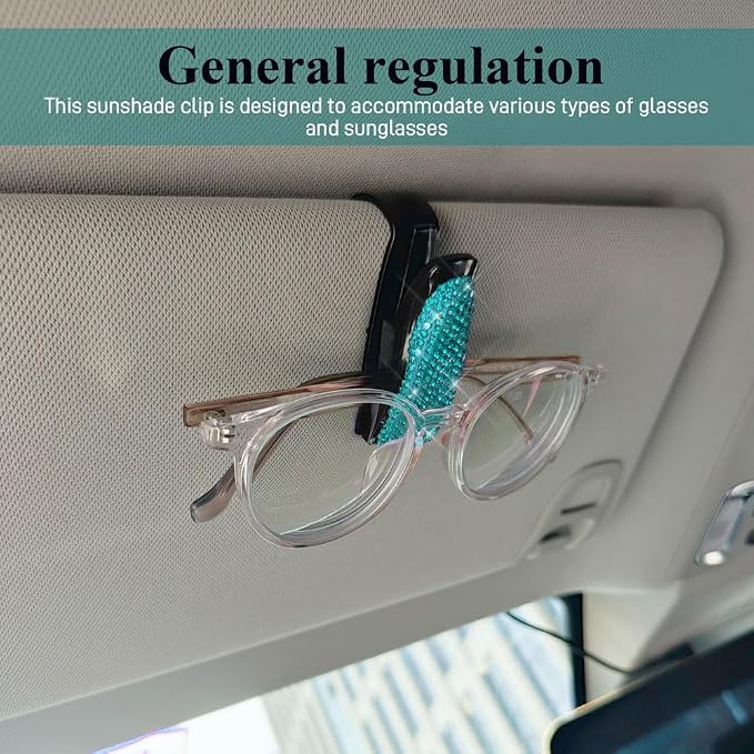 2PCS Glasses Holders for Car Sun Visor, Fashion Bling Crystal Rhinestones Car Eyeglasses Sunglasses Hanger Mount with Ticket Card Clip, Universal Vehicle Visor Accessories for Women Men (Lake Blue) - Image 5