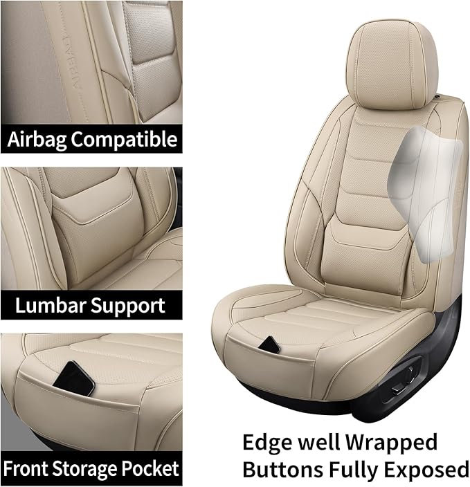 Leather Front Car Seat Covers Automotive Seat Protectors | Breathable，Waterproof，Durable，Full Surround & Lumbar Support Design，Non-Slip，Universal Fit for Most Cars SUV Trucks Van，Beige - Image 5