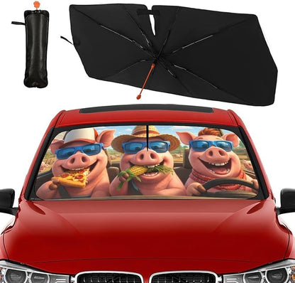 Funny Pig Car Windshield Sun Shade Umbrella Bendable Handle Foldable Animal Sunshade for Car Windshield Block UV Rays Keep Vehicle Cool for Most Sedans SUV Trucks Cars 57"x30" - Image 3