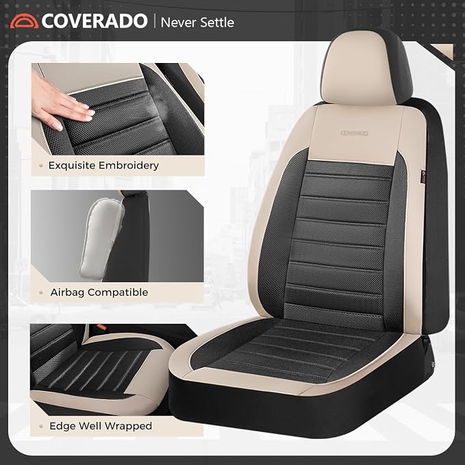Coverado Car Seat Covers Front Seats, Luxury Leather Car Seat Covers, Automotive Mesh Seat Covers 2 Pack, Airbag-Compatible, Black Beige Seat Covers for SUV Sedan Truck - Image 4