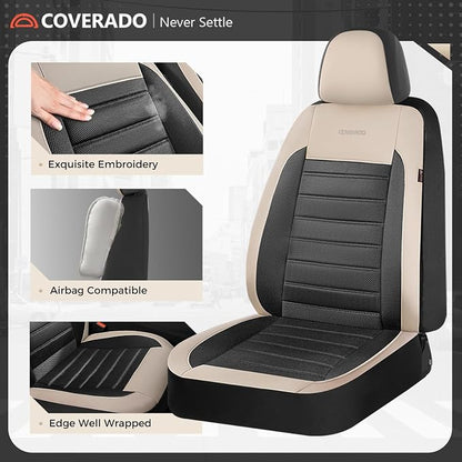 Coverado Car Seat Covers Front Seats, Luxury Leather Car Seat Covers, Automotive Mesh Seat Covers 2 Pack, Airbag-Compatible, Black Beige Seat Covers for SUV Sedan Truck - Image 4