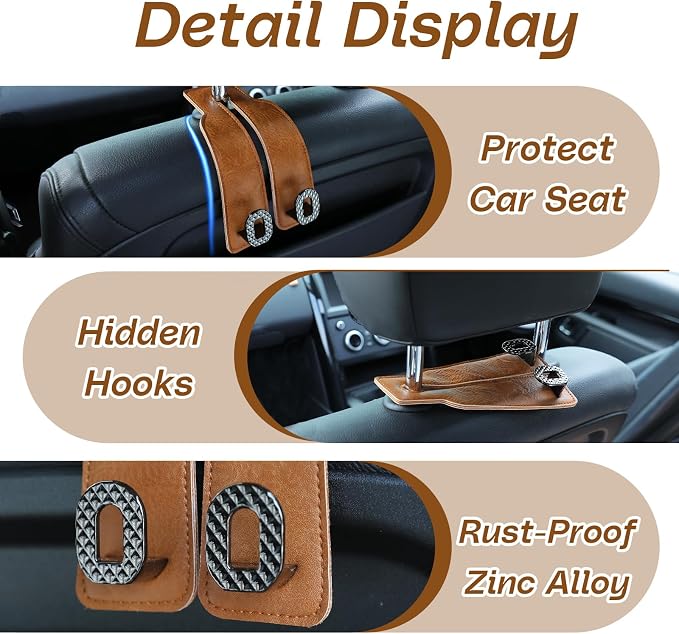 Car Headrest Hooks Universal Car Purse Hook Premium Leather and Alloy Twin Hook Car Seat Back Storage Hanger Hook for Purse Bags Cloth Drink Durable Holder Car Accessories (BH09-Brown-Black) - Image 5