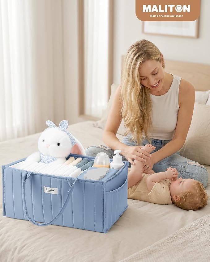 Maliton Baby Diaper Caddy Organizer with 2 Side Pockets, Portable, Blue | with Handle and Removable Dividers, Nursery Storage Basket, Car Organizer for Diapers & Wipes. Boy & Girl Shower Gift - Image 2