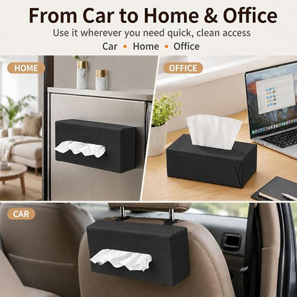 Car Tissue Holder with Magnetic & Strap Mount, Black, 1 Pack | PU Faux Leather, For Sun Visor, Seat Back, Console, Refrigerator, Fits Standard Tissue Packs - Image 4