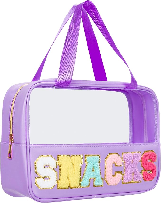 Snack Bags Chenille Letter Patch Clear Bag for Travel, Preppy Cosmetic Bag Snack pouch with Zipper, Toiletry Bag for Traveling Women, Clear Travel Bags for Toiletries (Deep Purple) by Burskit%E2%80%94ShineYourBrightestSelf