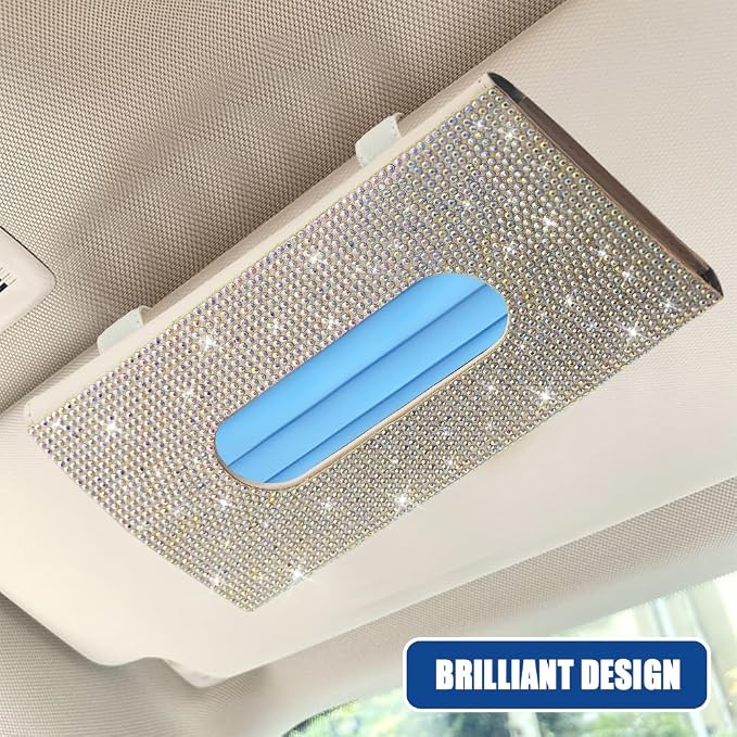 Bling Car Sun Visor Tissue Box Holder, Visor Accessories, Rhinestone PU Leather Crystal Sparkling Napkin Holder, Auto Sun Visor Paper Towel Cover Case Accessories for Most Cars (Beige+Colorful) - Image 5