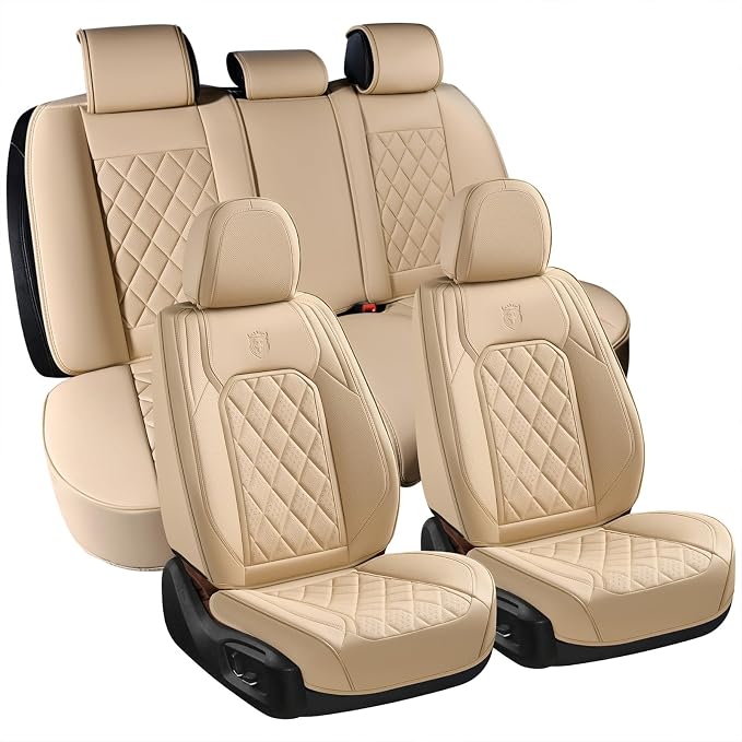 Coverado Car Seat Covers Full Set, 5 Seat Universal Seat Cover for Cars, Luxury Faux Leather Waterproof Seat Covers, Front and Back Car Seat Protector, Auto Seat Covers Fit for Most Vehicles, Beige by COVERADOAUTO