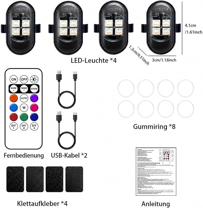 Upgraded 4PCS Mini Car Wireless LED Strobe Lights with Remote Control Wireless LED Lights for Car Motorcycle Bicycle Bike USB Rechargeable 8-Color Car Ambient Lighting Car Led Lights Interior - Image 6