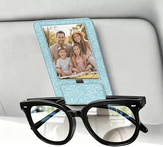 2-in-1 Car Visor Sunglasses & Photo Holder, Magnetic PU Leather Glasses Clip with Picture Display Slot, Universal Sun Visor Organizer for Eyeglasses, Personalized Cards & Memories, Holographic Glitter - Image 6