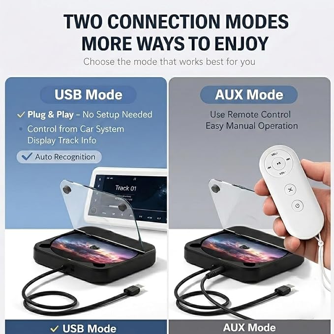 Portable Car CD Player, Plug & Play CD Player for Car, Anti-Skip, USB & AUX Compatible, Works with Laptop/Desktop/TV(Black) - Image 4